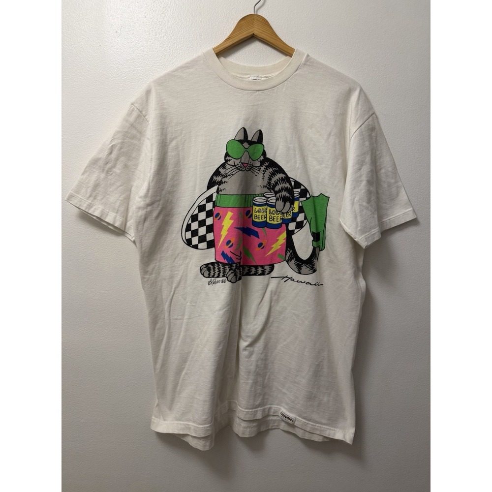 VTG 80s Crazy Shirts Kliban Lolo Beer Surf Car Art White T-Shirt Mens XL Hawaii